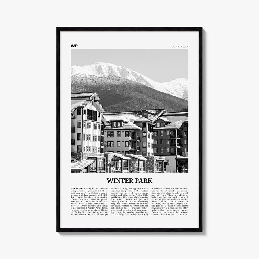 Winter Park black & white newspaper poster of Colorado, USA – vertical wall art, unframed print shown in interior mockup