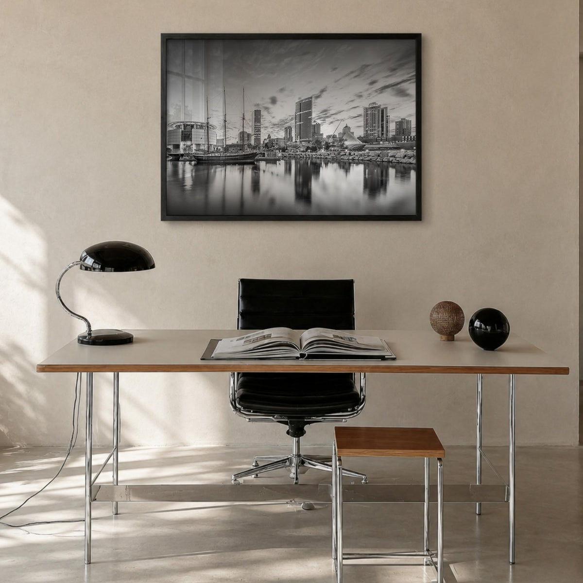 Wisconsin black & white photo poster of United States – horizontal wall art in black wood frame, hanging on wall