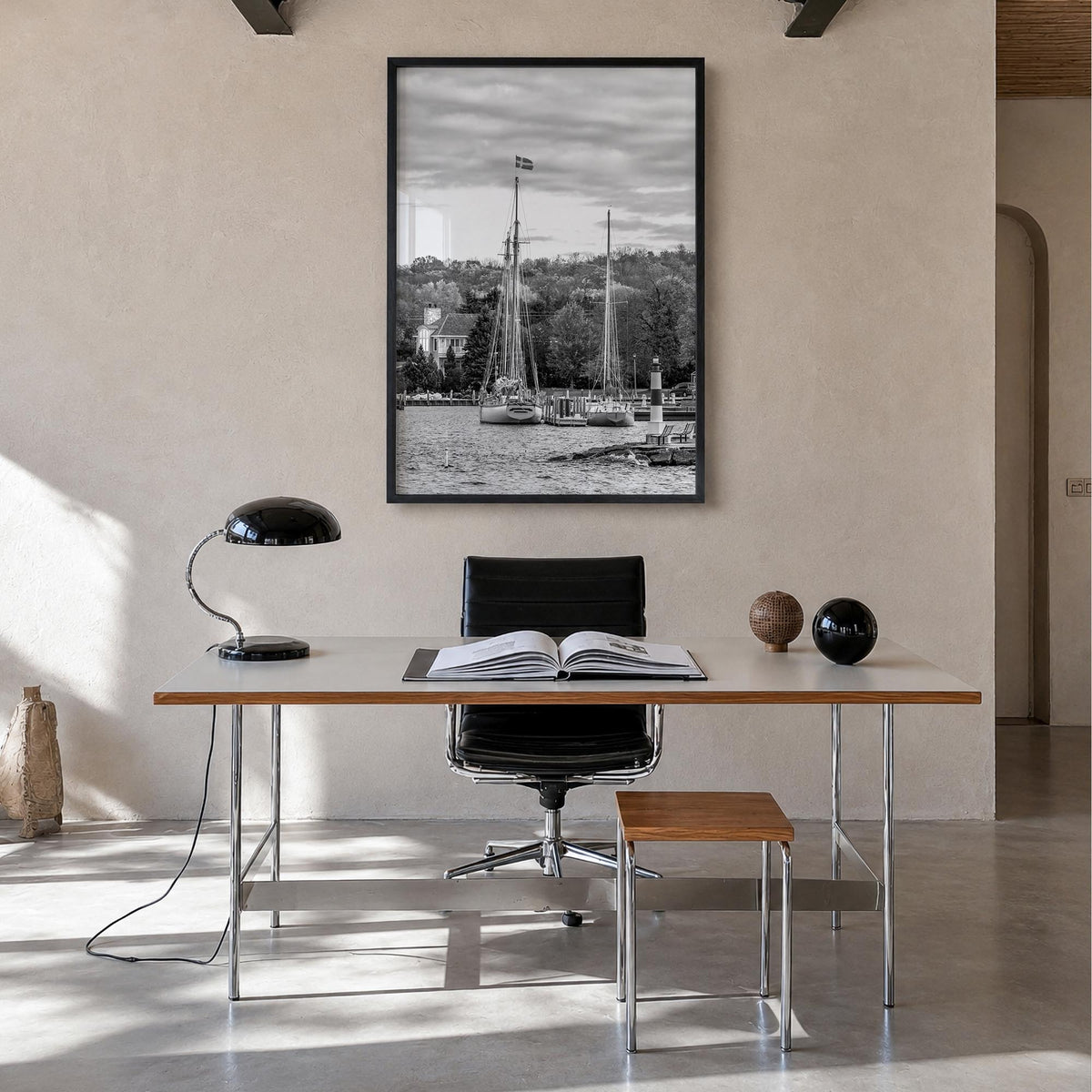 Wisconsin black & white photo poster of United States – vertical wall art in black wood frame, hanging on wall