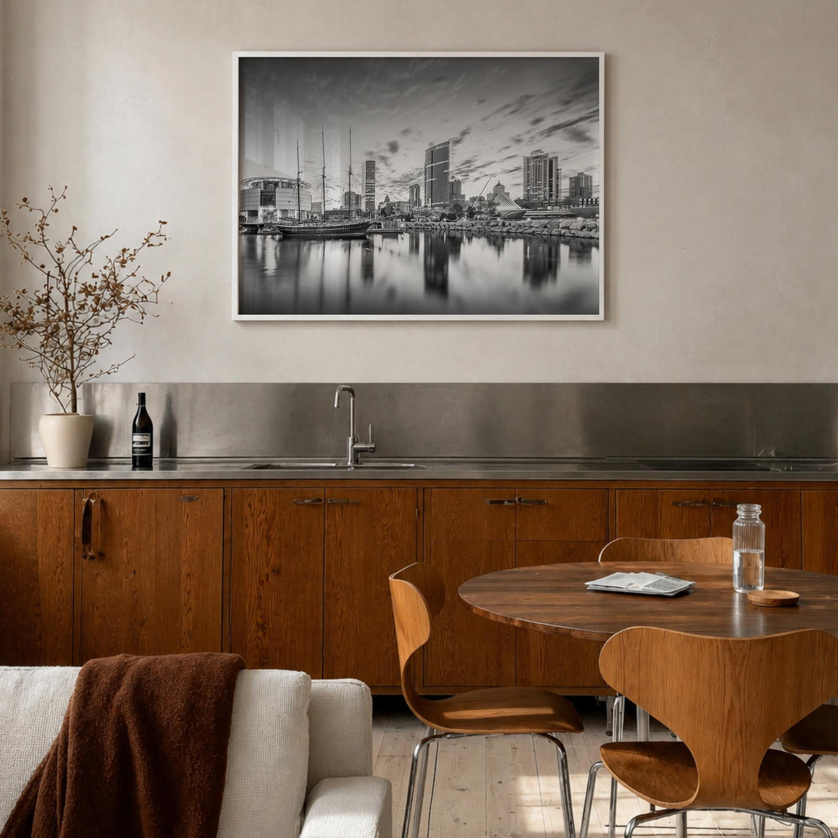 Wisconsin black & white photo poster of United States – horizontal wall art in white wood frame, hanging on wall