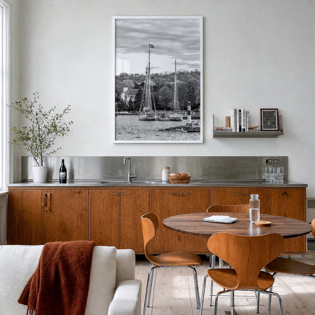 Wisconsin black & white photo poster of United States – vertical wall art in white wood frame, hanging on wall