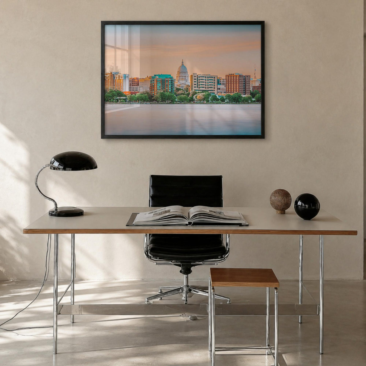 Wisconsin colorful photo poster of United States – horizontal wall art in black wood frame, hanging on wall