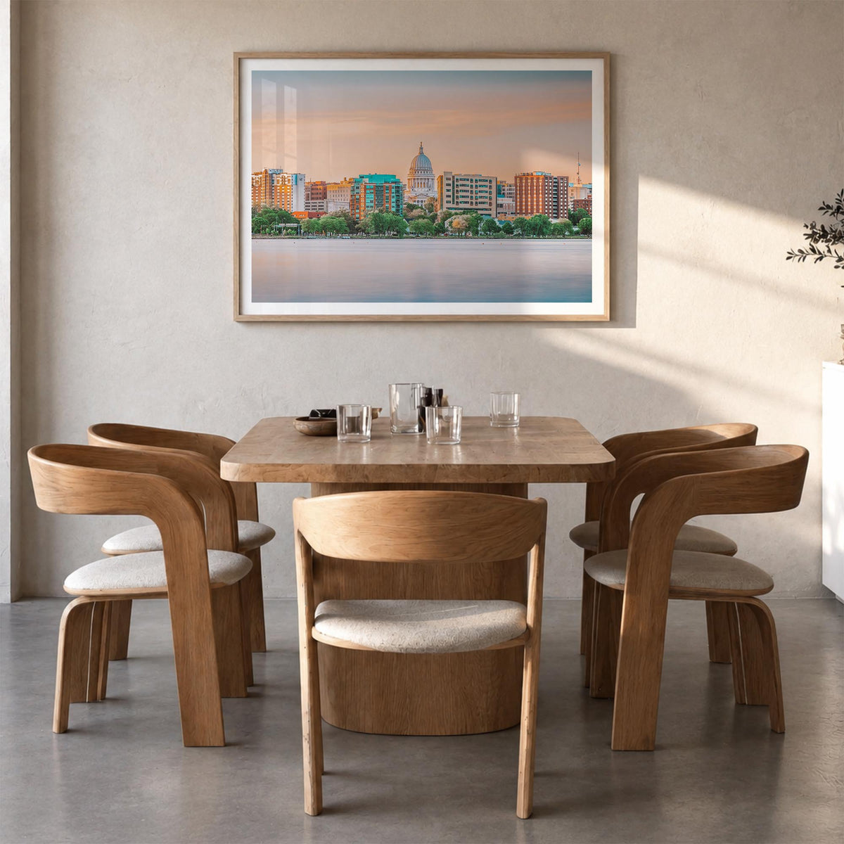 Wisconsin colorful photo poster of United States – horizontal wall art in natural wood frame with white border, hanging on wa