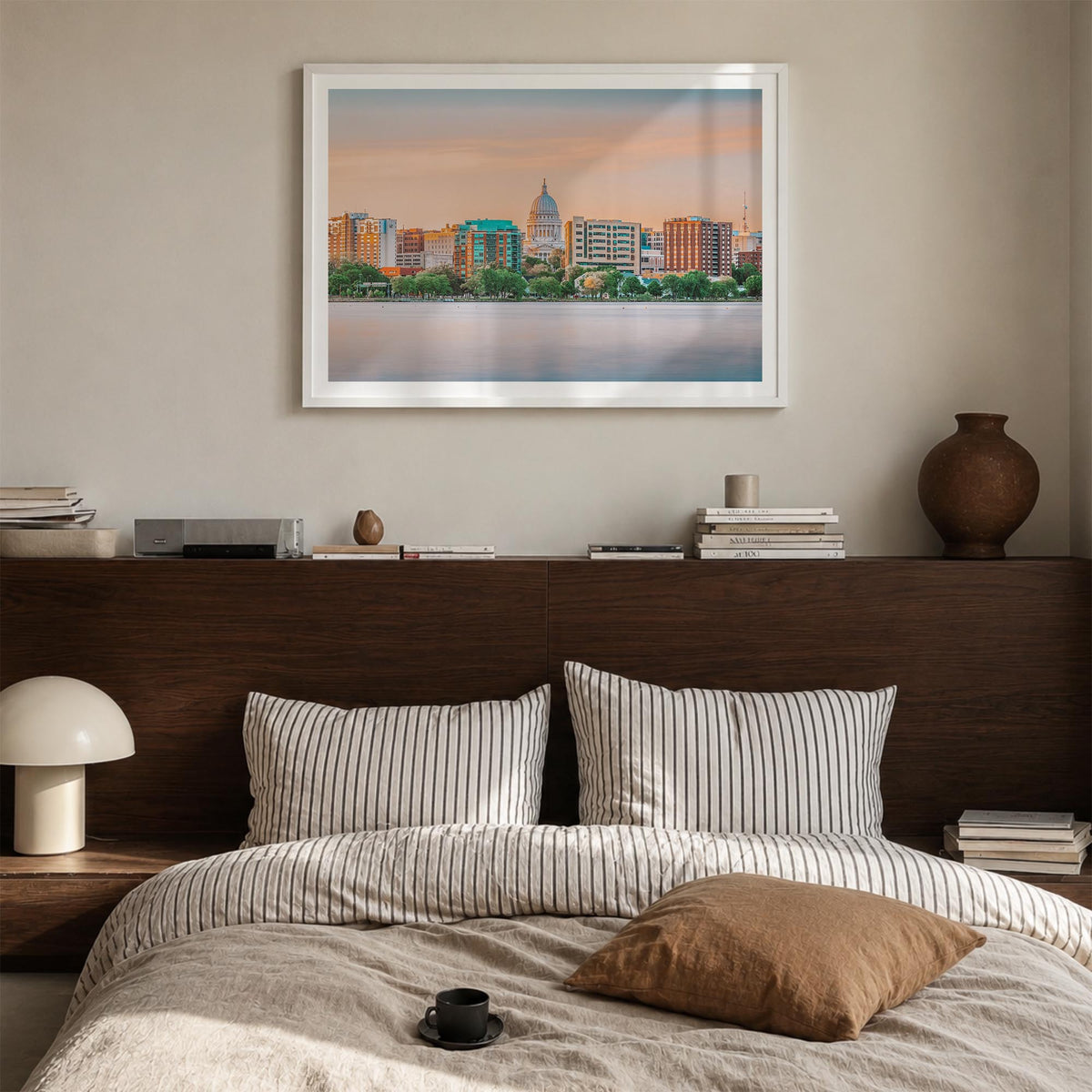 Wisconsin colorful photo poster of United States – horizontal wall art in white wood frame with white border, hanging on wall