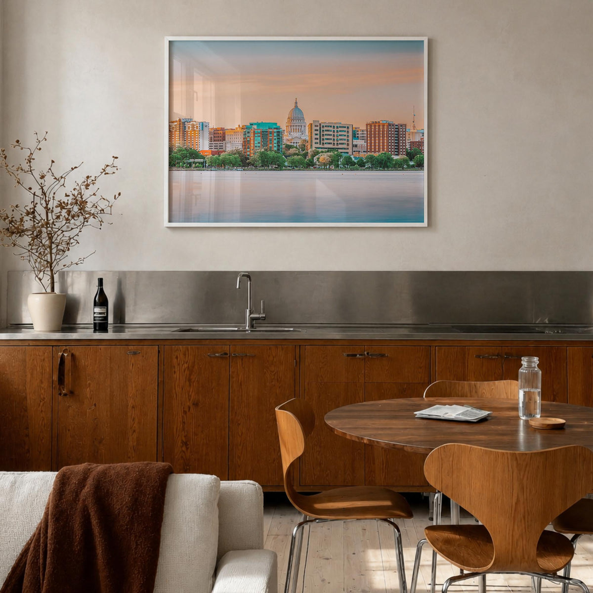 Wisconsin colorful photo poster of United States – horizontal wall art in white wood frame, hanging on wall