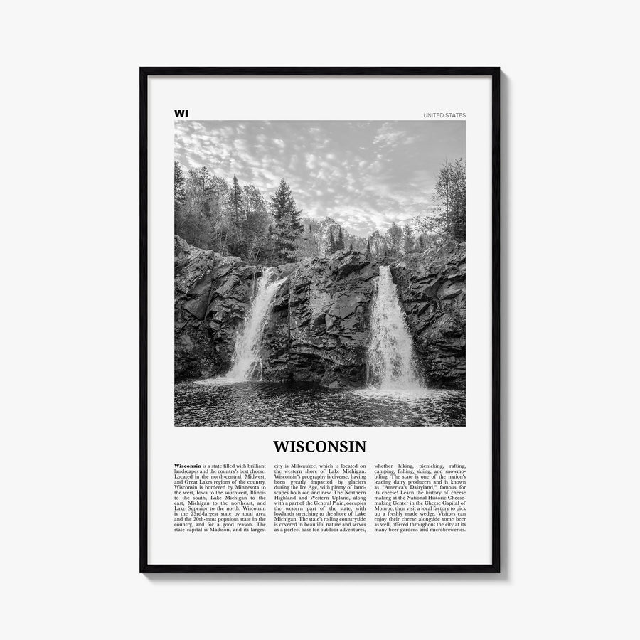 Wisconsin no. 1 black & white newspaper poster of United States – vertical wall art, unframed print shown in interior mockup