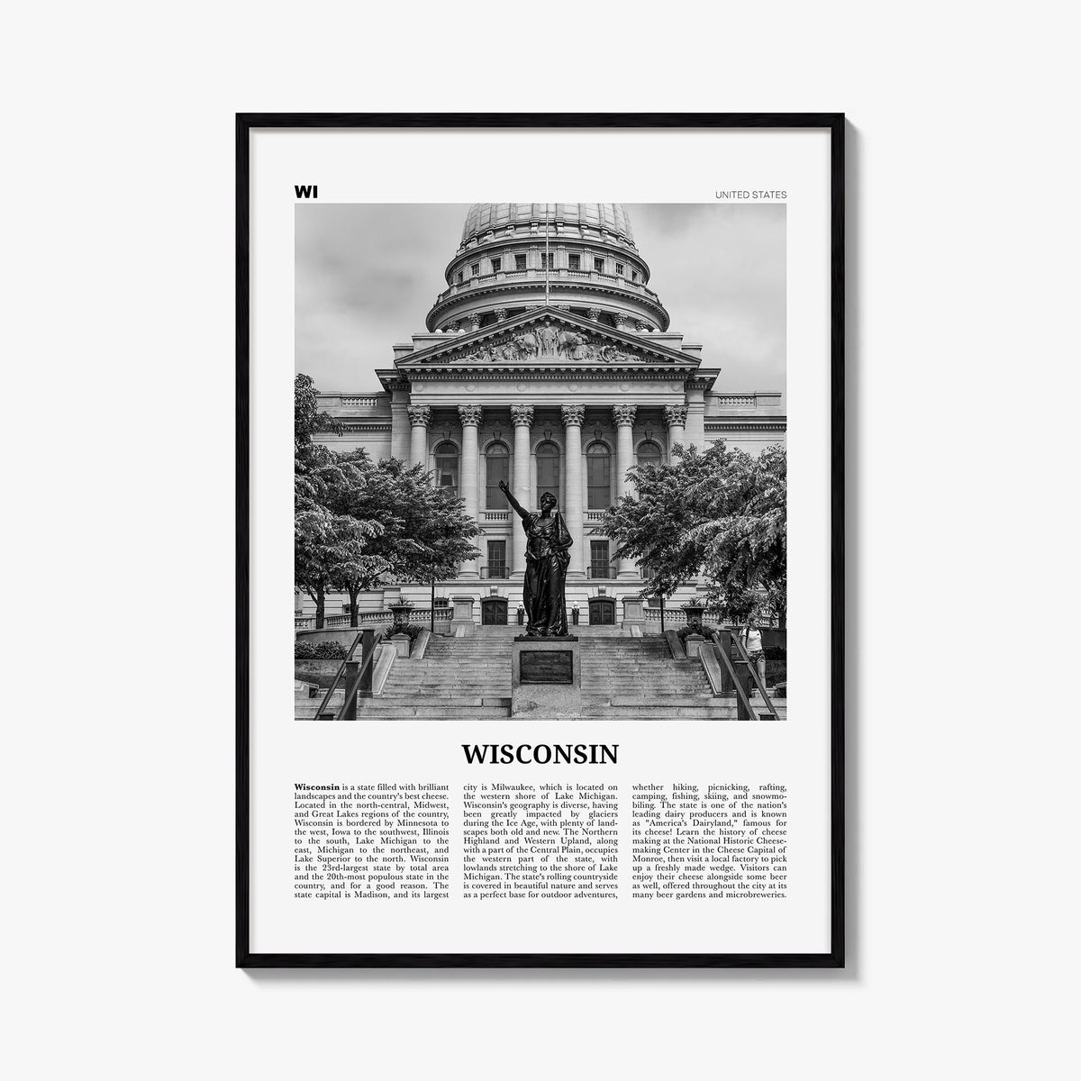 Wisconsin no. 3 black & white newspaper poster of United States – vertical wall art, unframed print shown in interior mockup