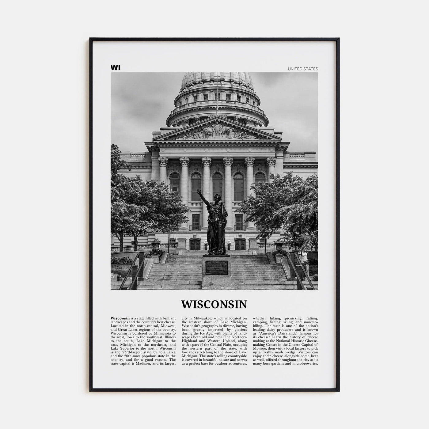 Wisconsin No 3 Poster Black Metal / 8x12 in Nbourhood Travel B&W Poster