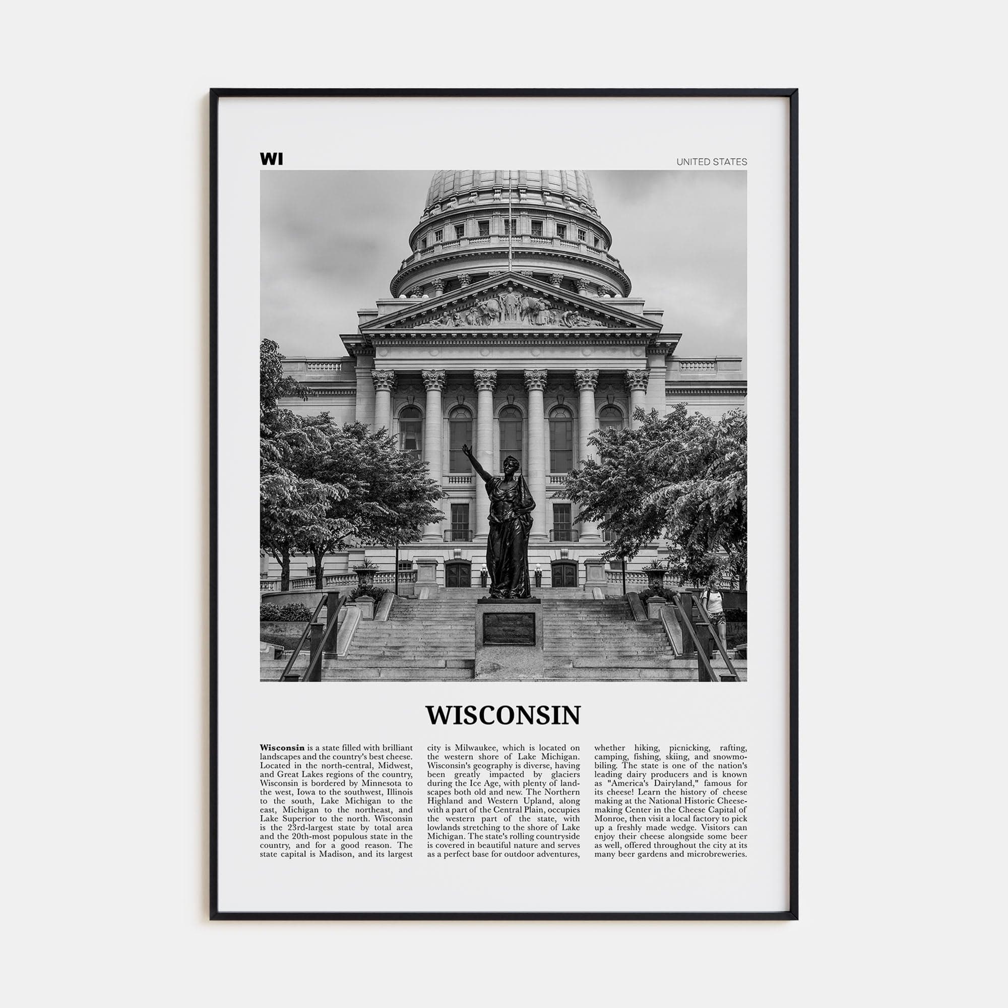 Wisconsin No 3 Poster Black Metal / 8x12 in Nbourhood Travel B&W Poster