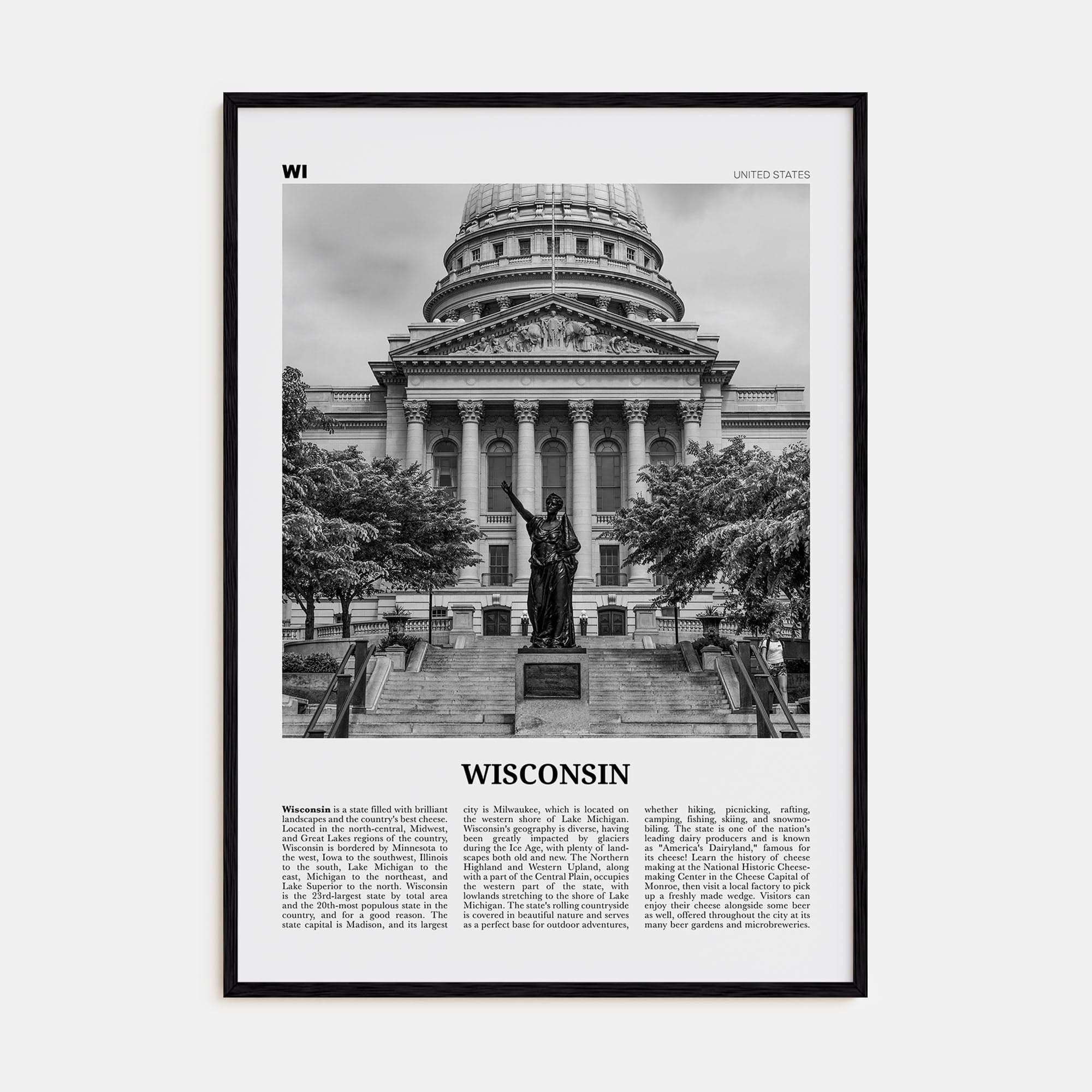 Wisconsin No 3 Poster Black Wood / 8x12 in Nbourhood Travel B&W Poster