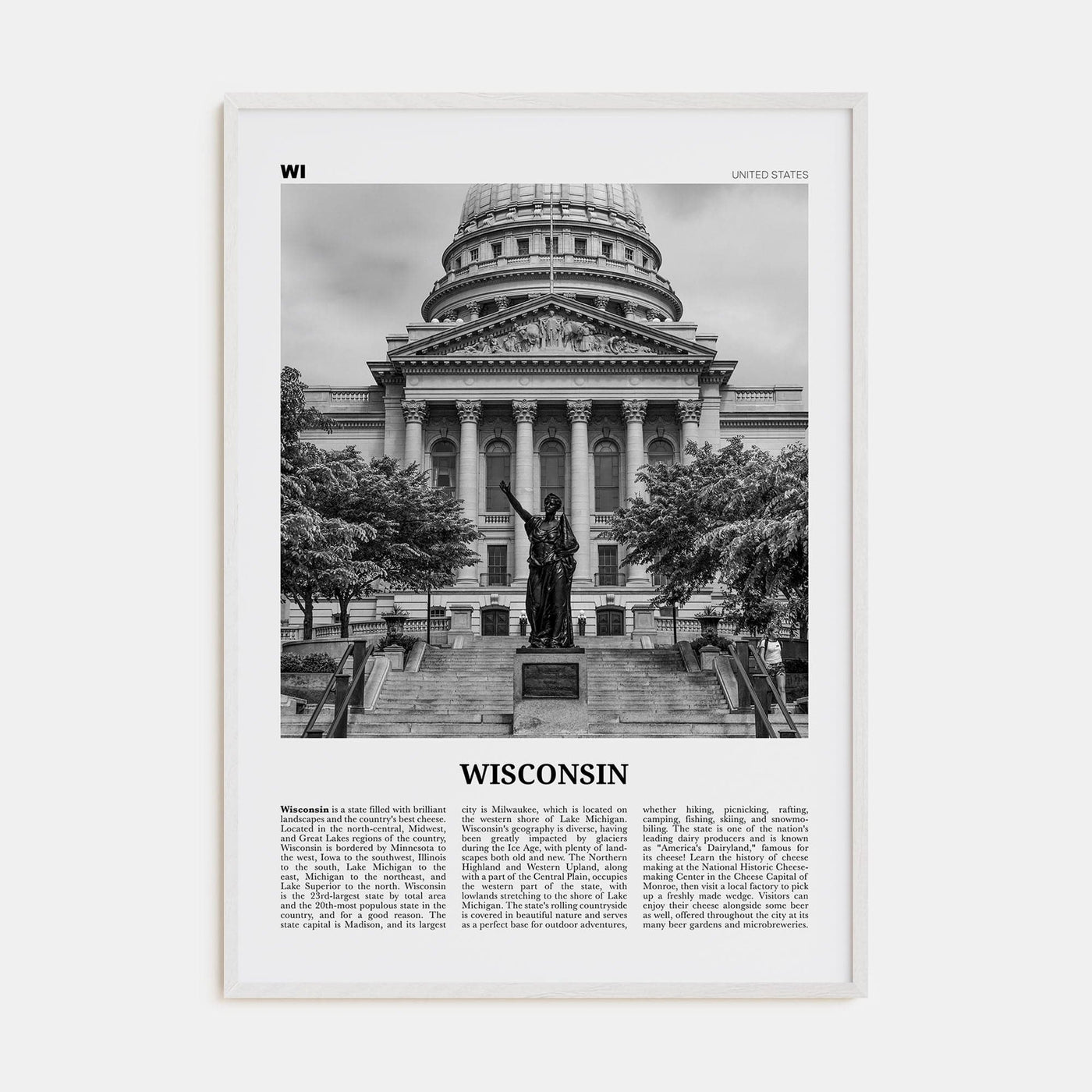 Wisconsin No 3 Poster White Wood / 8x12 in Nbourhood Travel B&W Poster