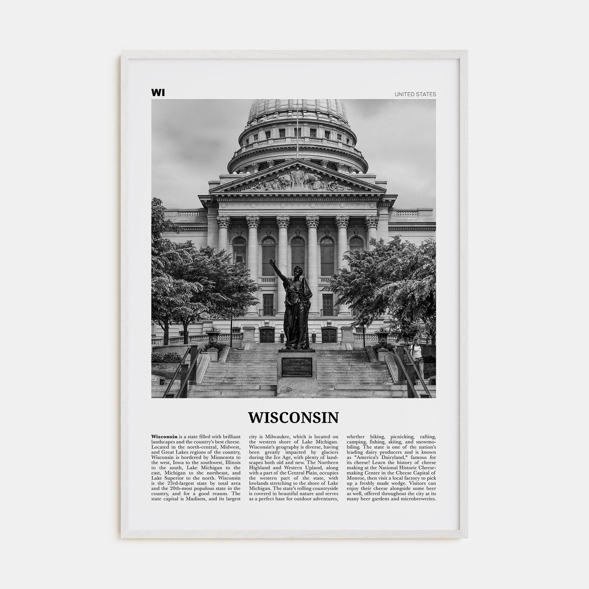 Wisconsin No 3 Poster White Wood / 8x12 in Nbourhood Travel B&W Poster