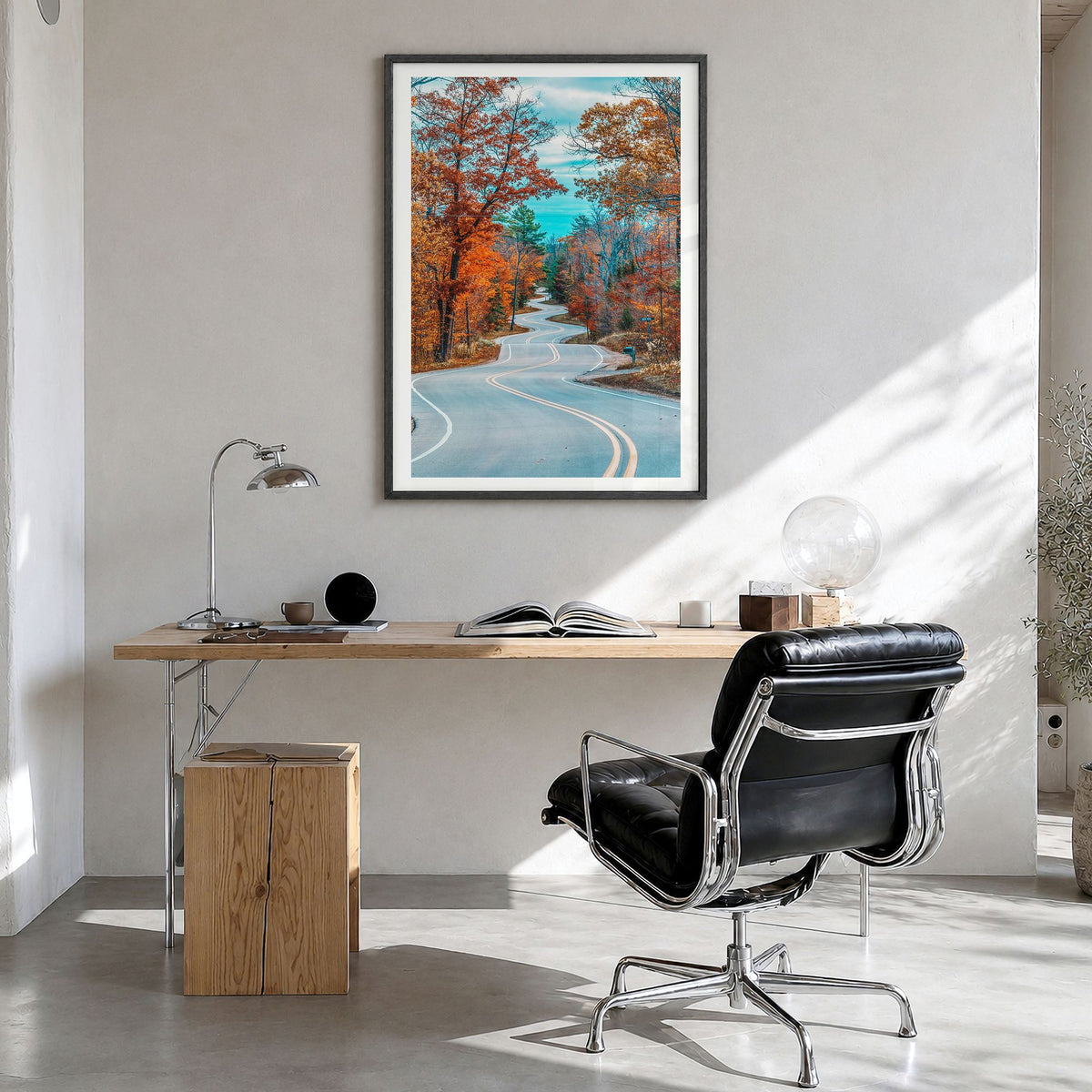 Wisconsin Photo No 2 Poster in a black wood frame, hanging in a bright home office, white border