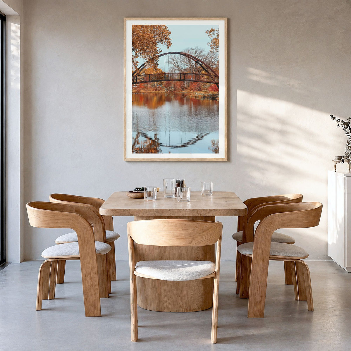 Wisconsin Photo No 3 Poster in a natural wood frame, hanging in a dining room, white border