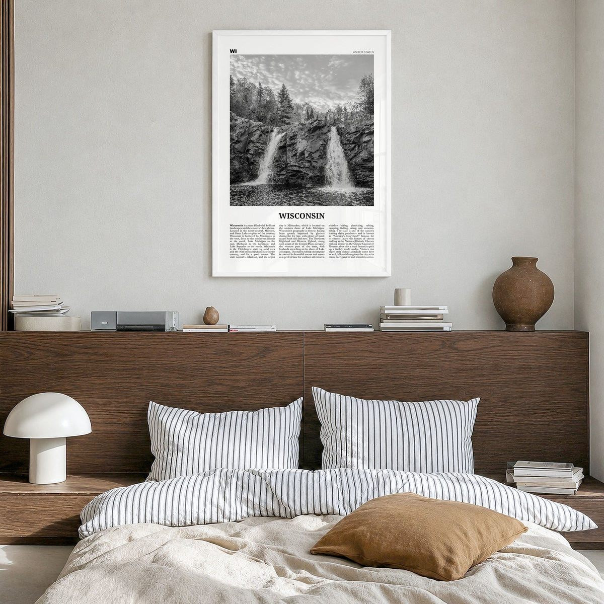 Wisconsin Newspaper No 1 Poster in a white wood frame, hanging in a bedroom