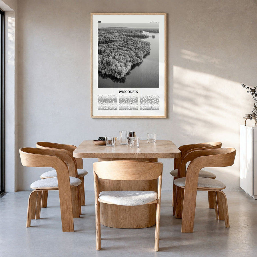 Wisconsin Newspaper No 2 Poster in a natural wood frame, hanging in a dining room
