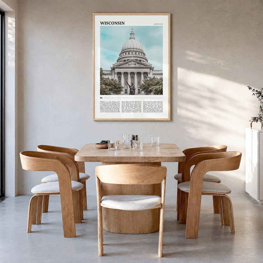 Wisconsin Travel No 1 Poster in a natural wood frame, hanging in a dining room
