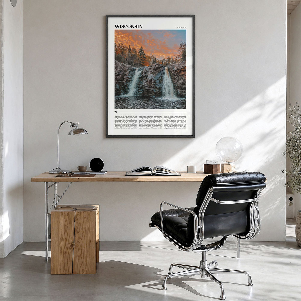 Wisconsin Travel No 2 Poster in a black wood frame, hanging in a bright home office