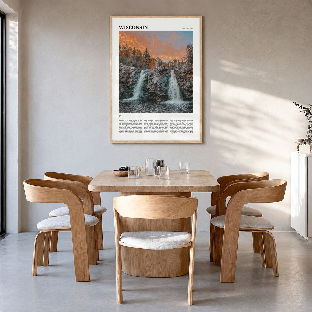 Wisconsin Travel No 2 Poster in a natural wood frame, hanging in a dining room