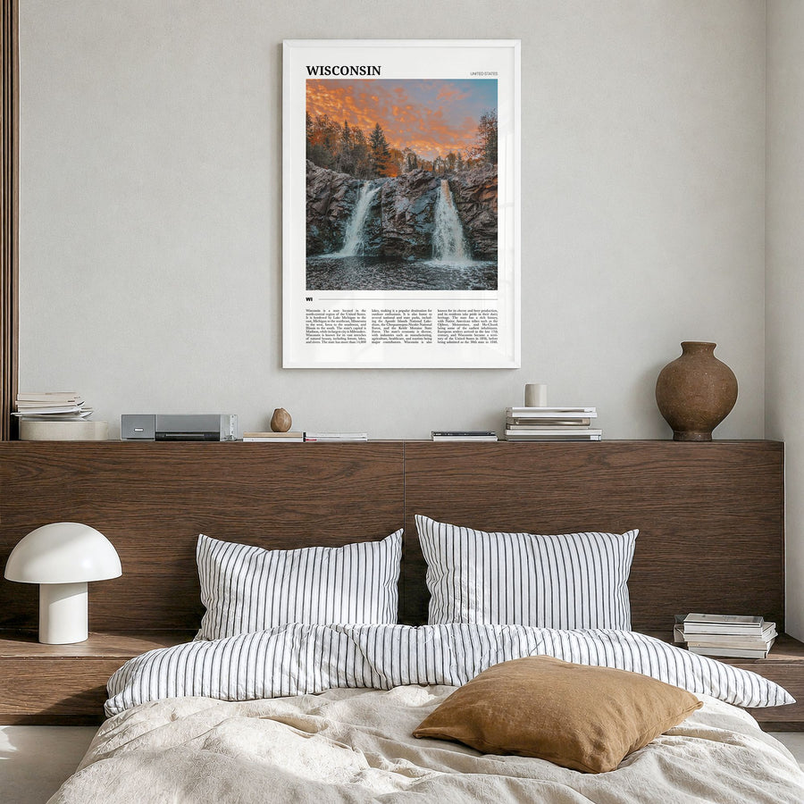 Wisconsin Travel No 2 Poster in a white wood frame, hanging in a bedroom