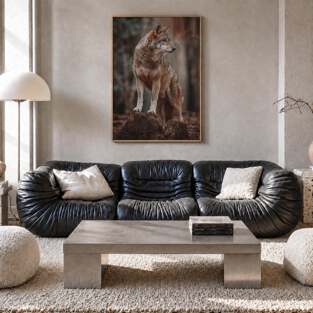 Wolf no. 1 colorful photo poster – vertical wall art in natural wood frame, hanging on wall