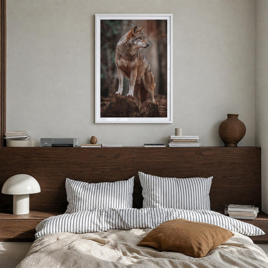 Wolf no. 1 colorful photo poster – vertical wall art in white wood frame with white border, hanging on wall