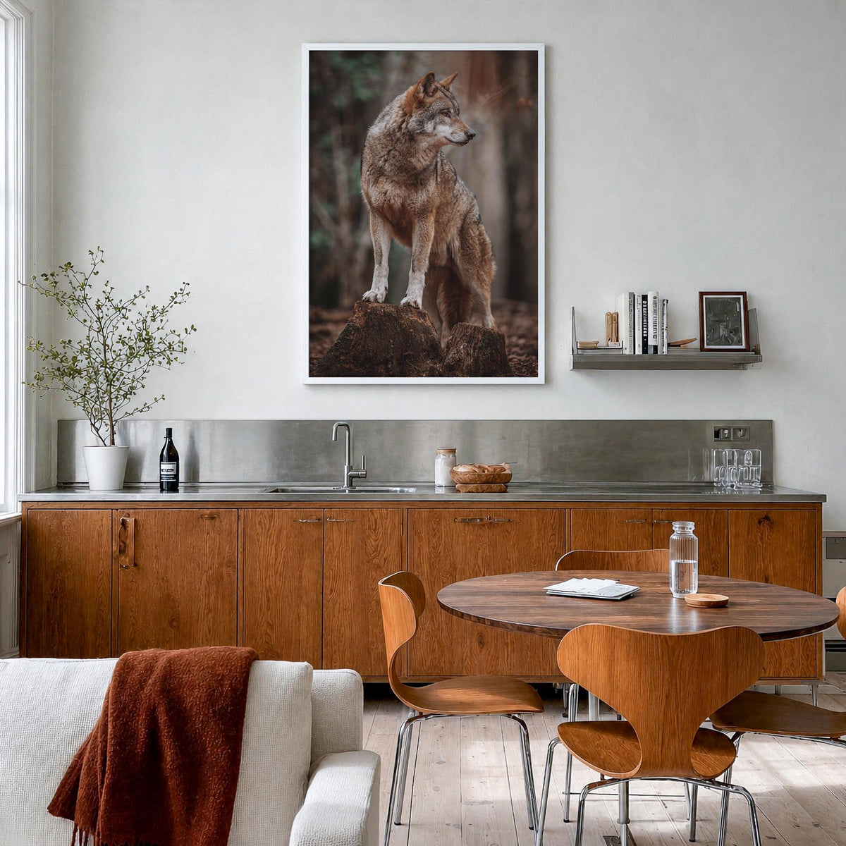 Wolf no. 1 colorful photo poster – vertical wall art in white wood frame, hanging on wall