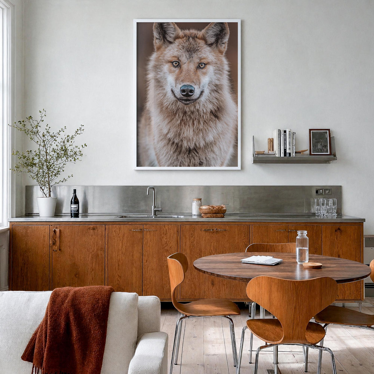 Wolf no. 2 colorful photo poster – vertical wall art in white wood frame, hanging on wall