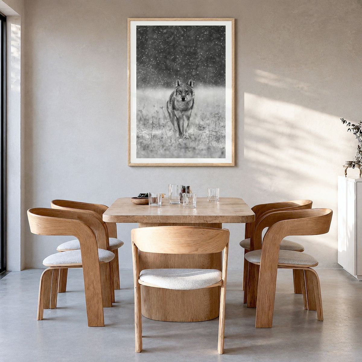 Wolf Photo No 2 Poster in a natural wood frame, hanging in a dining room, white border