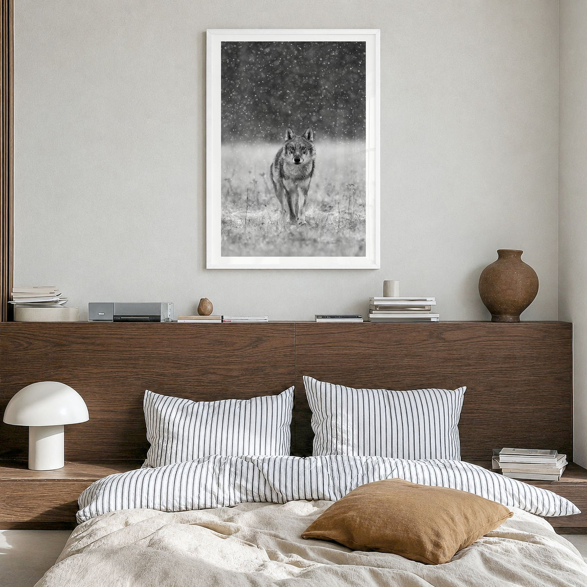 Wolf Photo No 2 Poster in a white wood frame, hanging in a bedroom, white border