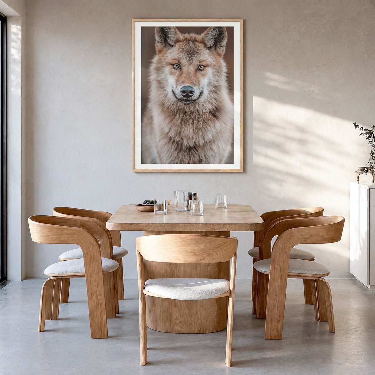 Wolf Photo No 2 Poster in a natural wood frame, hanging in a dining room, white border