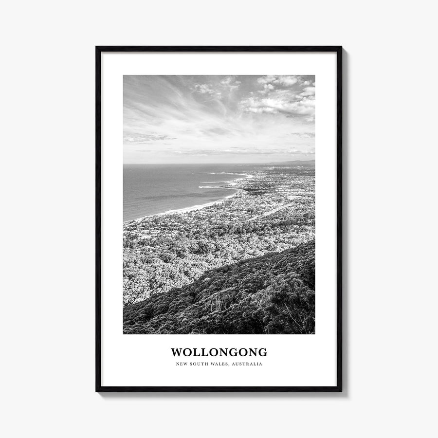 Wollongong black & white classic poster of New South Wales, Australia – vertical wall art, unframed print shown in interior m
