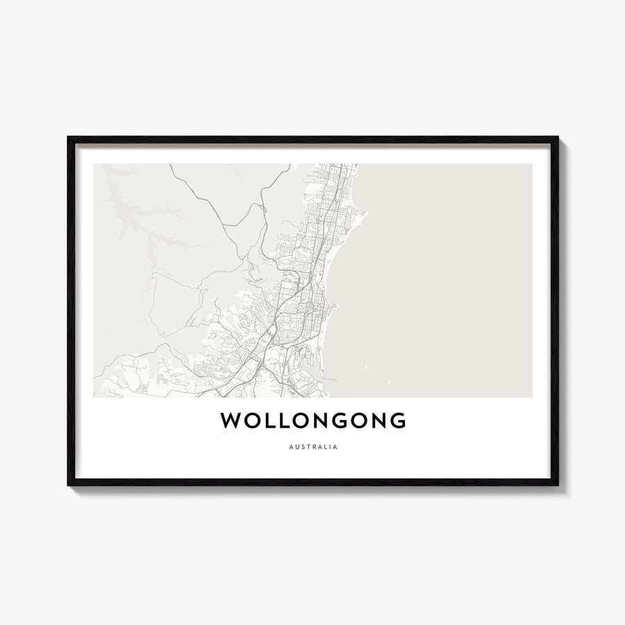 Wollongong black & white map poster of New South Wales, Australia – horizontal wall art, unframed print shown in interior moc