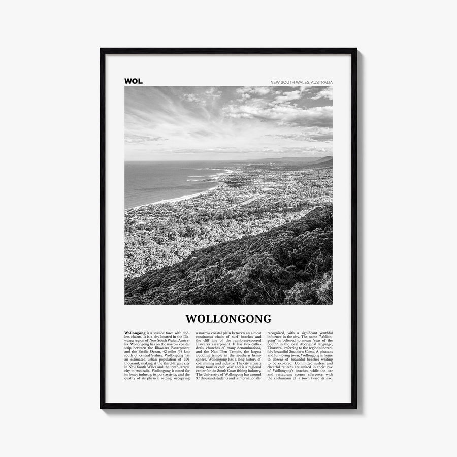 Wollongong black & white newspaper poster of New South Wales, Australia – vertical wall art, unframed print shown in interior