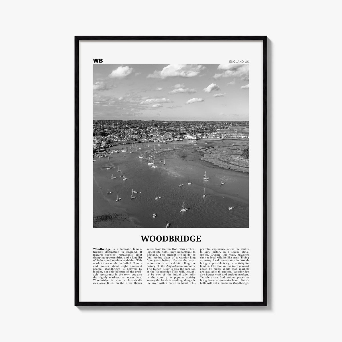 Woodbridge black & white newspaper poster of California, USA – vertical wall art, unframed print shown in interior mockup