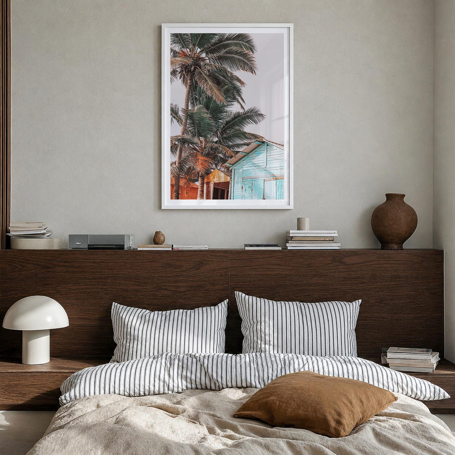 Wooden Cabin Logs colorful photo poster – vertical wall art in white wood frame with white border, hanging on wall