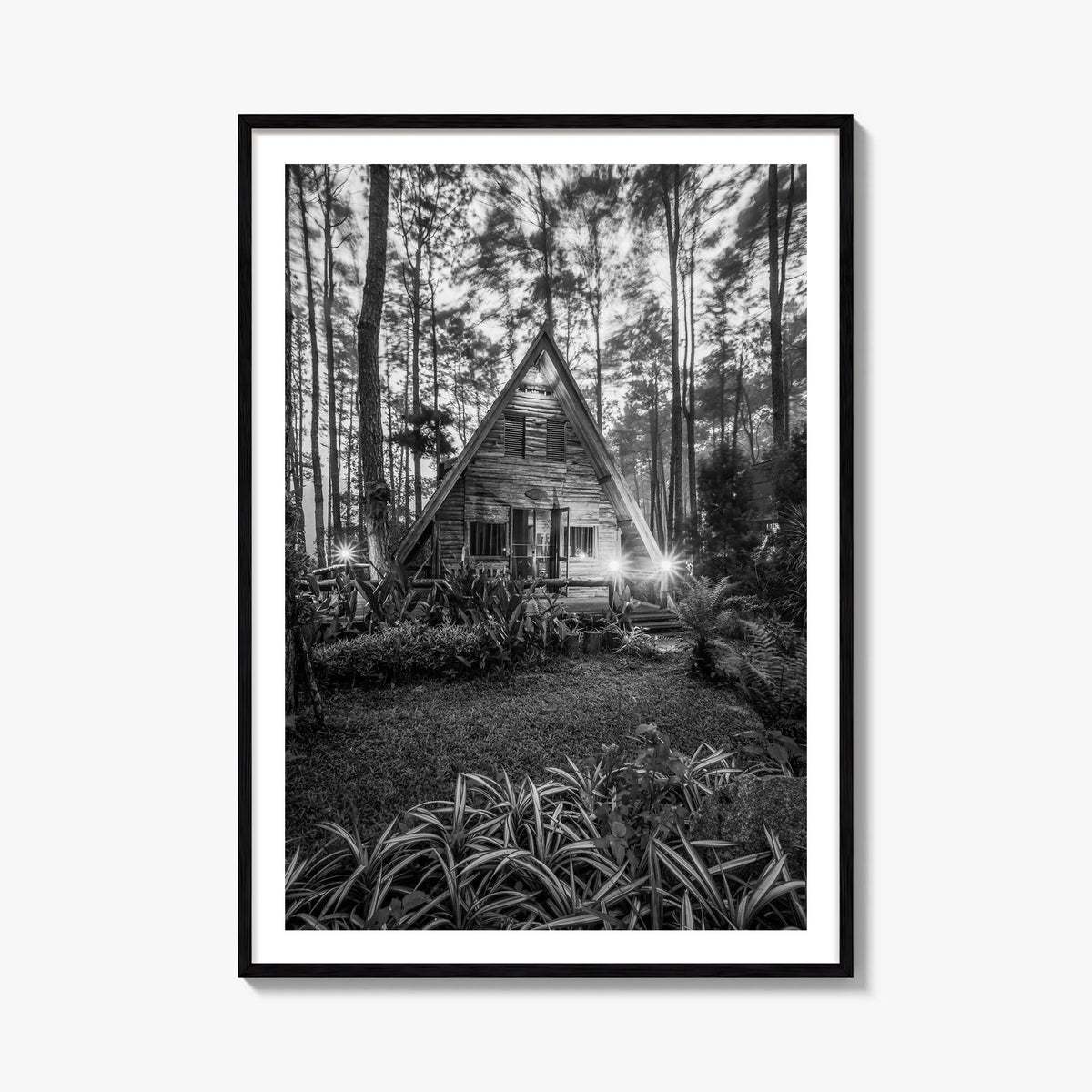 Wooden Cabin Logs no. 1 black & white photo poster – vertical wall art, unframed print shown in interior mockup