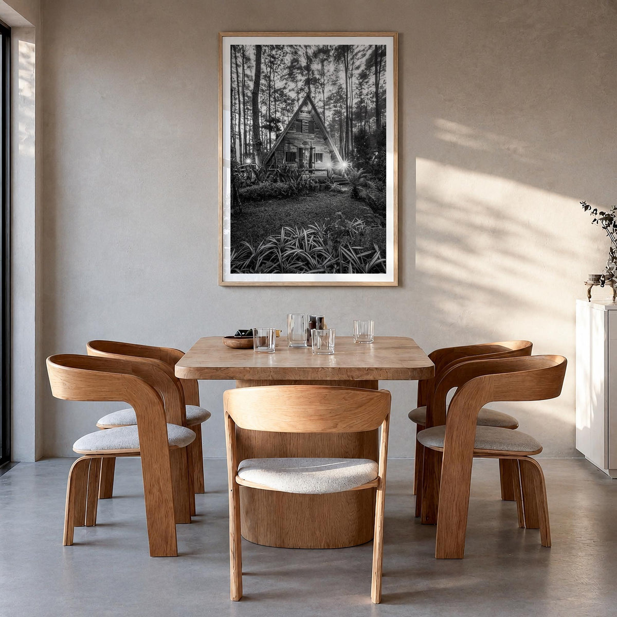 Wooden Cabin Logs no. 1 black & white photo poster – vertical wall art in natural wood frame with white border, hanging on wa