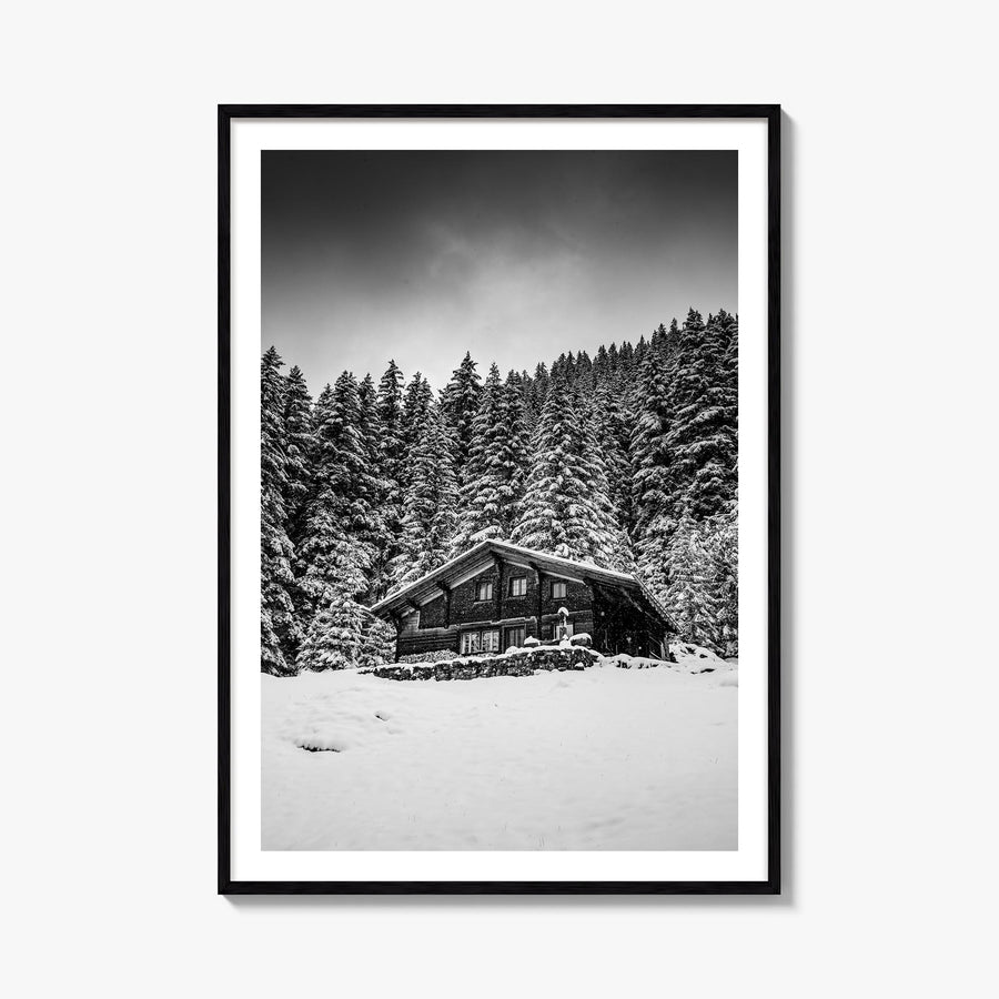 Wooden Cabin Logs no. 2 black & white photo poster – vertical wall art, unframed print shown in interior mockup