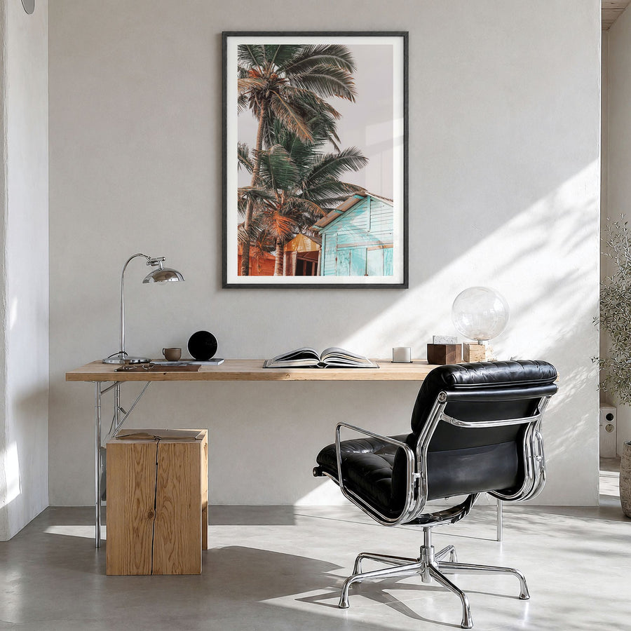 Wooden Cabin Logs Photo Poster in a black wood frame, hanging in a bright home office, white border
