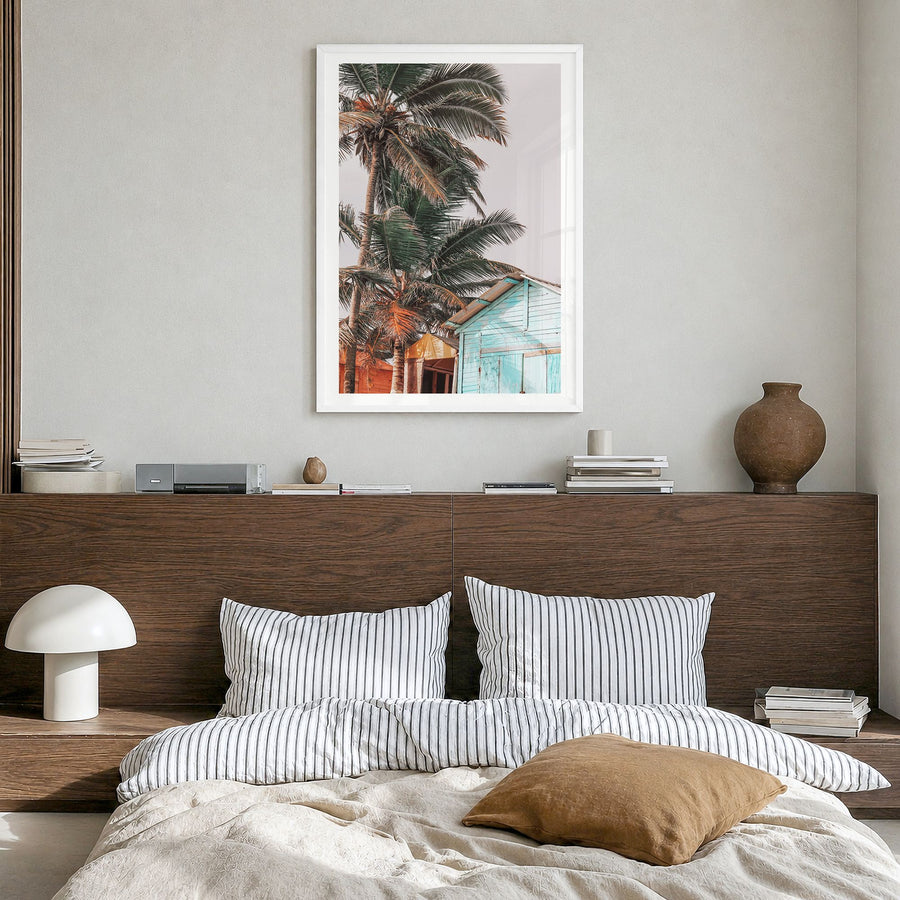Wooden Cabin Logs Photo Poster in a white wood frame, hanging in a bedroom, white border