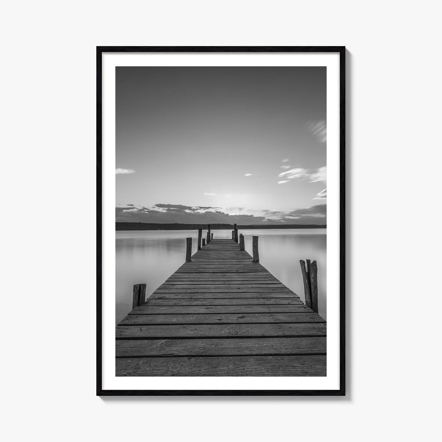 Wooden Dock black & white photo poster – vertical wall art, unframed print shown in interior mockup