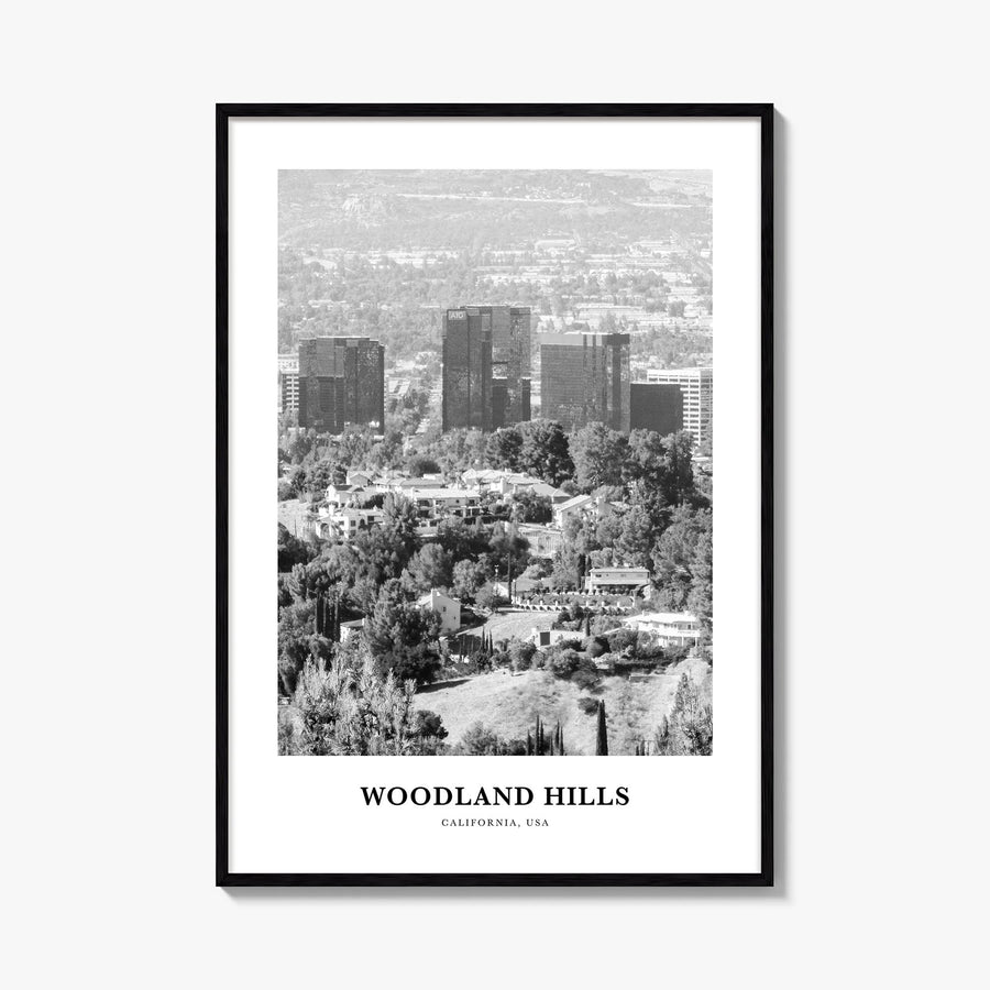 Woodland Hills black & white classic poster of California, USA – vertical wall art, unframed print shown in interior mockup