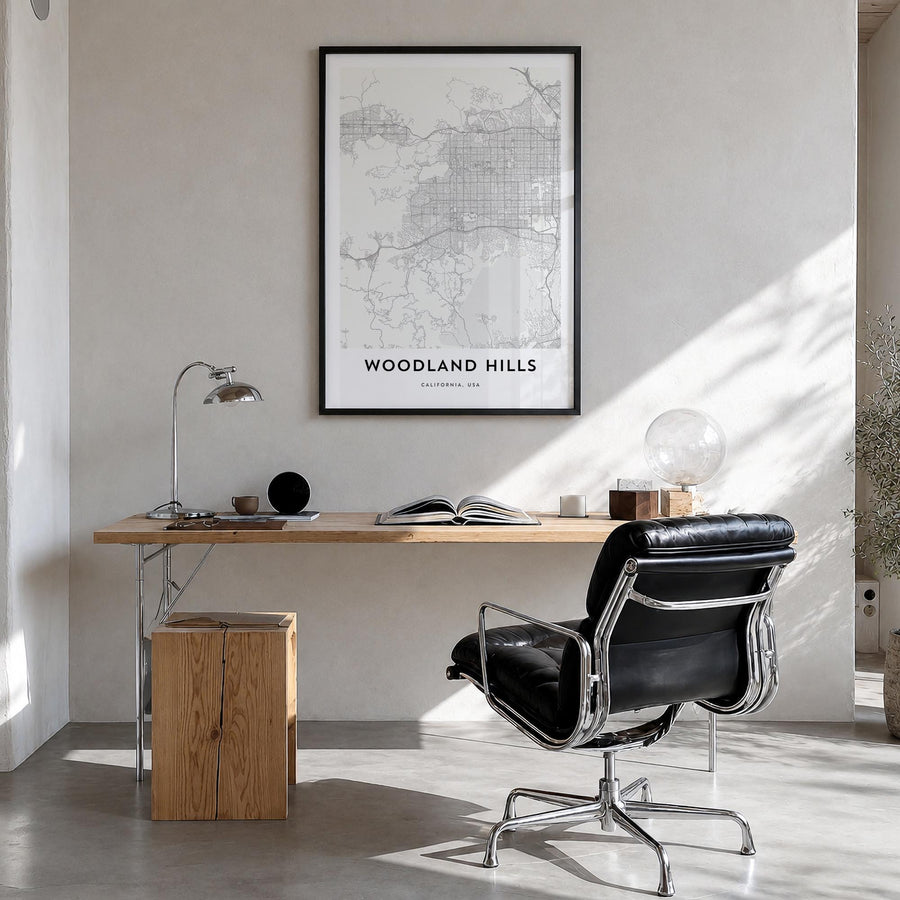 Woodland Hills black & white map poster of California, USA – vertical wall art in black wood frame, hanging on wall