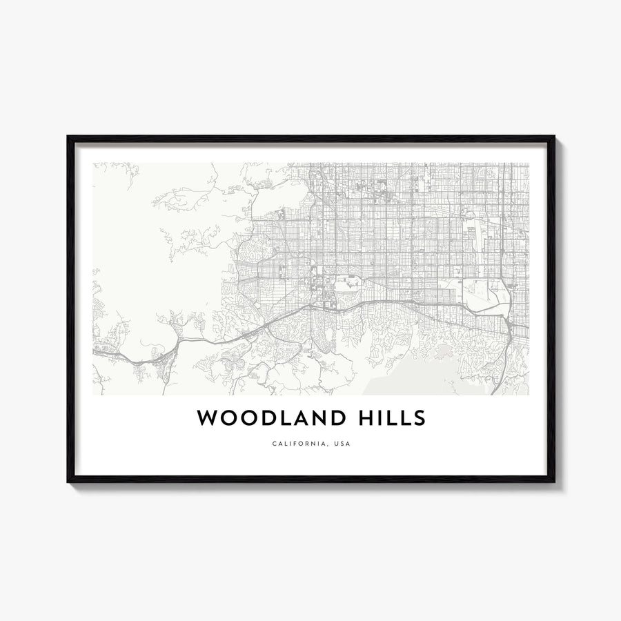Woodland Hills black & white map poster of California, USA – horizontal wall art, unframed print shown in interior mockup
