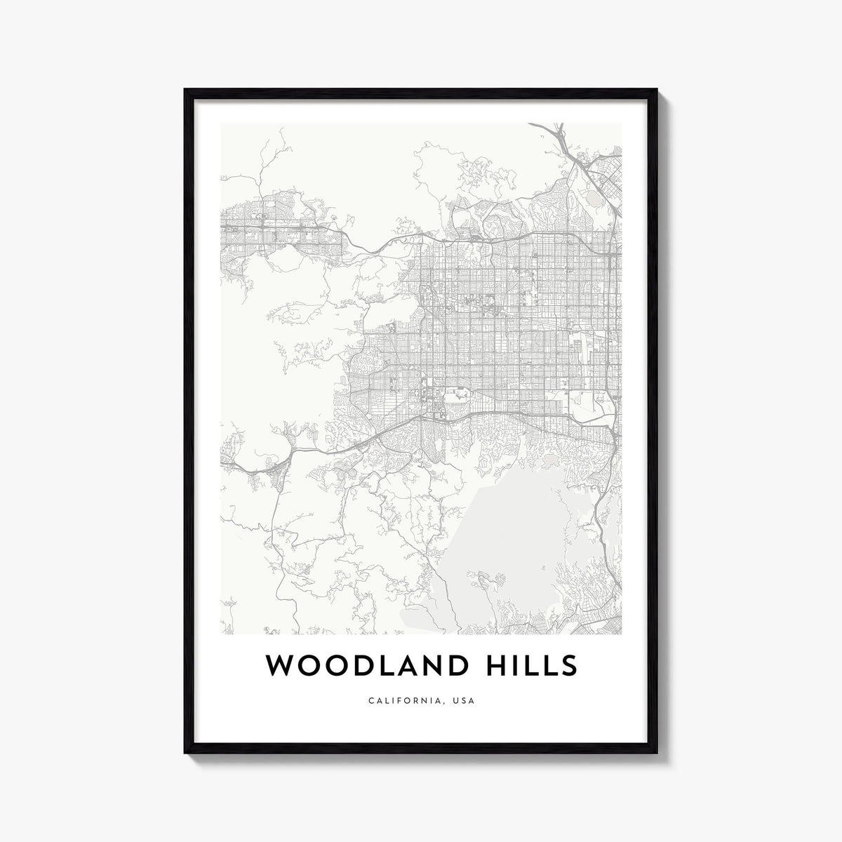 Woodland Hills black & white map poster of California, USA – vertical wall art, unframed print shown in interior mockup