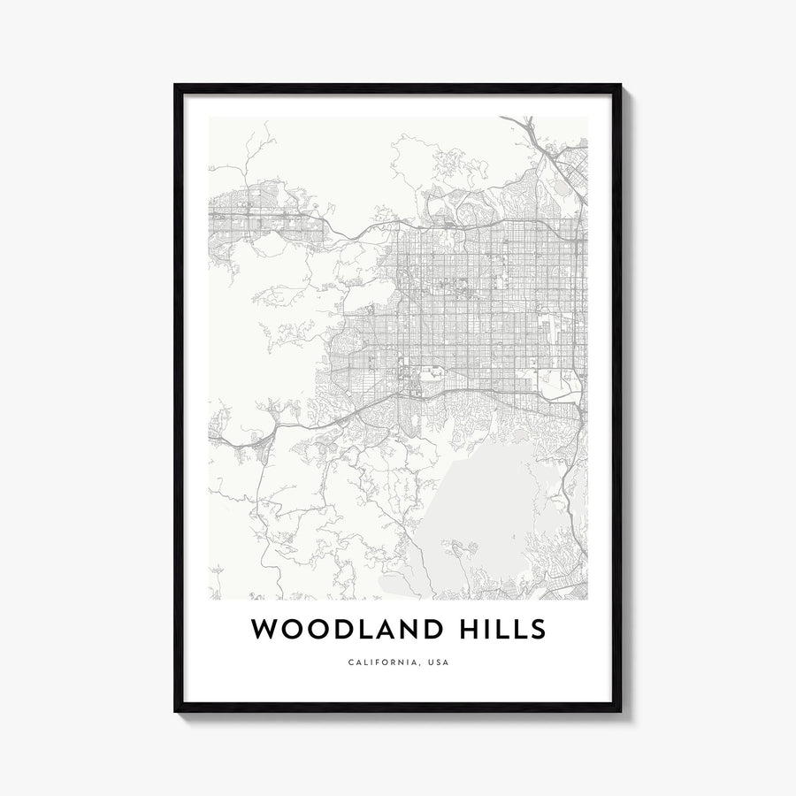 Woodland Hills black & white map poster of California, USA – vertical wall art, unframed print shown in interior mockup