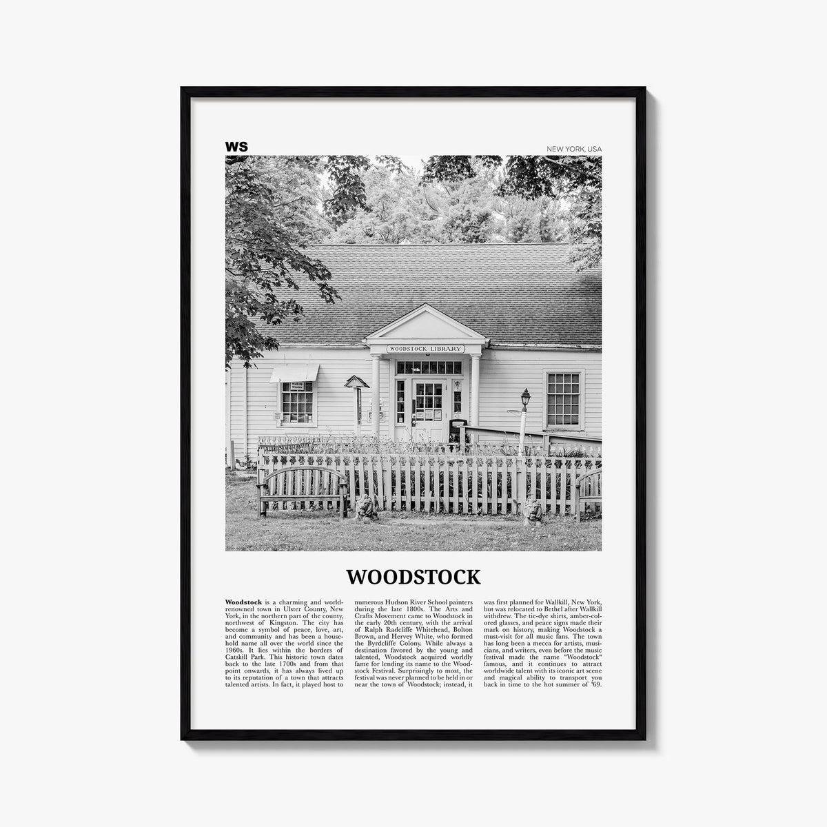 Woodstock, New York black & white newspaper poster of New York, USA – vertical wall art, unframed print shown in interior moc