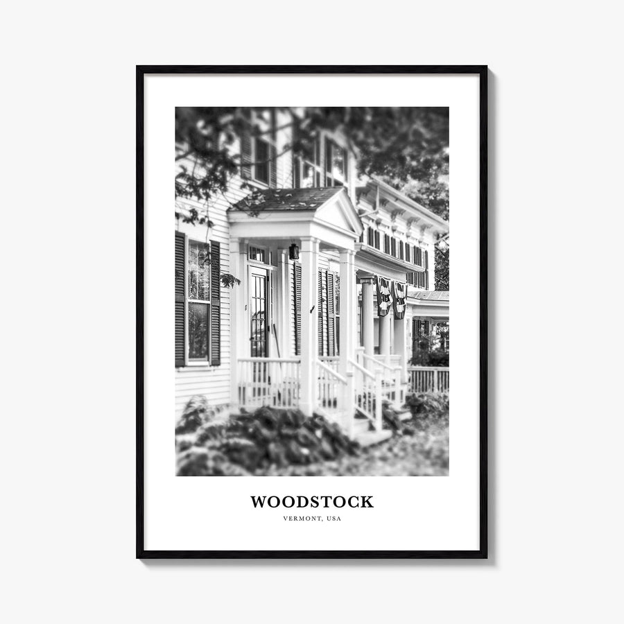 Woodstock, Vermont black & white classic poster of Vermont, USA – vertical wall art, unframed print shown in interior mockup