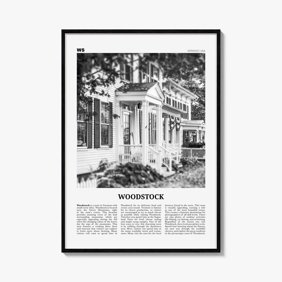 Woodstock, Vermont black & white newspaper poster of Vermont, USA – vertical wall art, unframed print shown in interior mocku